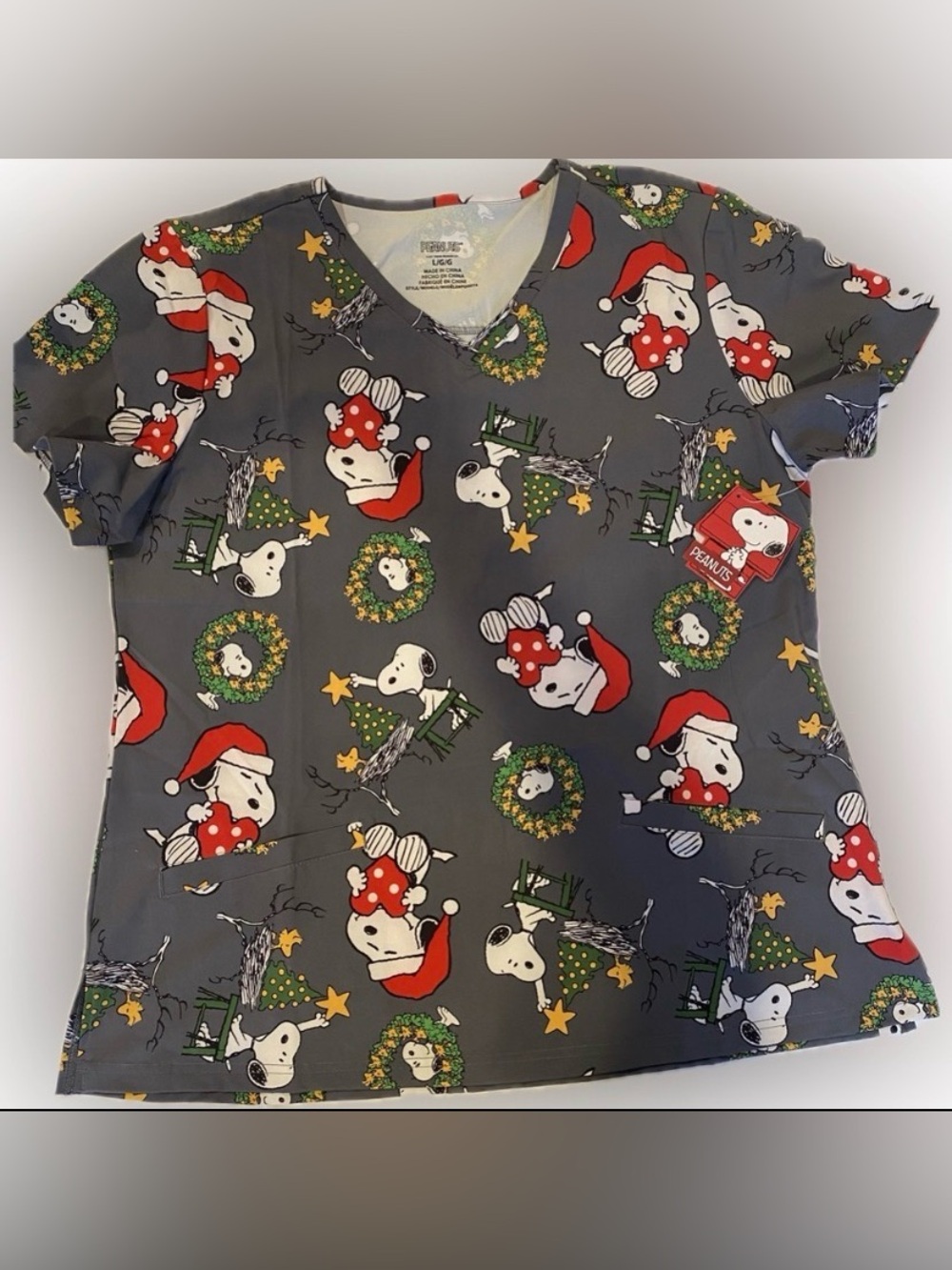 Peanuts Christmas Gray Scrub Top with Red and Green Accents